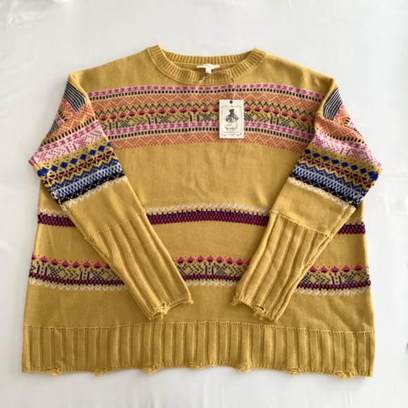 NWT Easel Yellow Fair Isle Knit Sweater | Boho Distressed Hem | Size S - Picture 4 of 9
